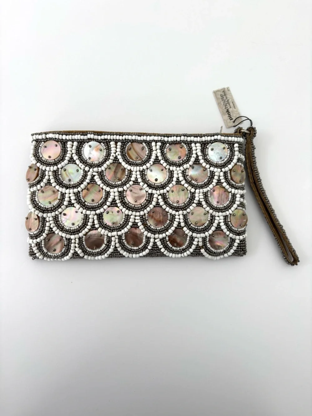Pinkhouse Beaded Clutch Wristlet NWT Bronze & White Mother of Pearl Zip Closure